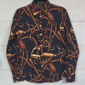 Ralph Lauren Shirt Womens Equestrian Black Horse Bit Bridle Polo Mallet. Size S